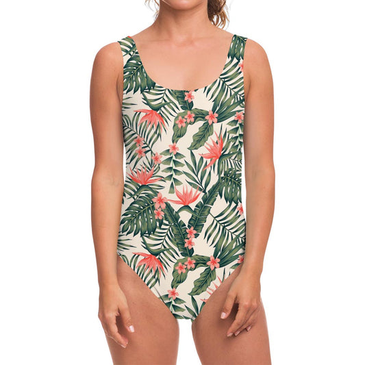 Blossom Tropical Leaves Pattern Print One Piece Swimsuit