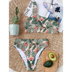 Blossom Tropical Leaves Pattern Print One Shoulder Bikini Top