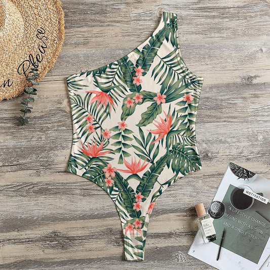 Blossom Tropical Leaves Pattern Print One Shoulder Bodysuit