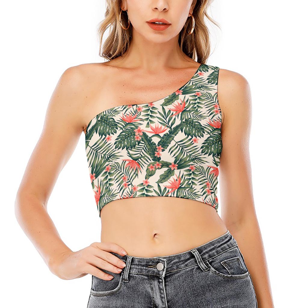 Blossom Tropical Leaves Pattern Print One Shoulder Crop Top