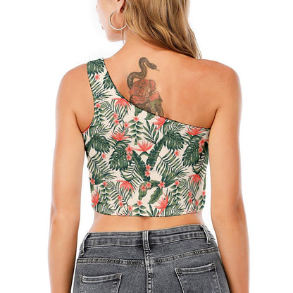 Blossom Tropical Leaves Pattern Print One Shoulder Crop Top