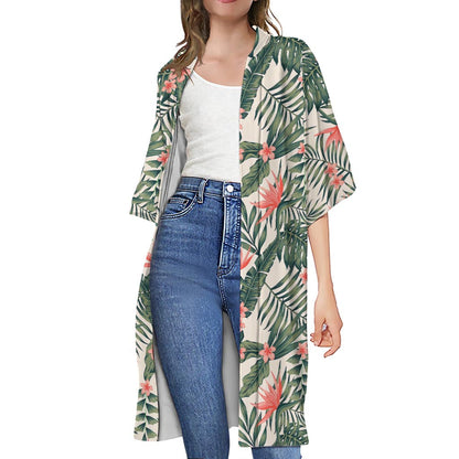 Blossom Tropical Leaves Pattern Print Open Front Beach Cover Up