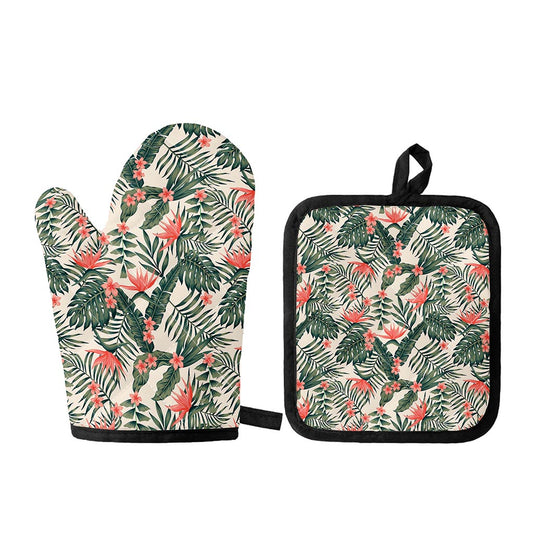 Blossom Tropical Leaves Pattern Print Oven Mitt And Pot Holder Set