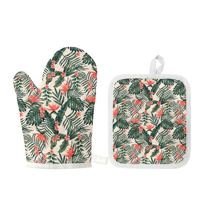Blossom Tropical Leaves Pattern Print Oven Mitt And Pot Holder Set