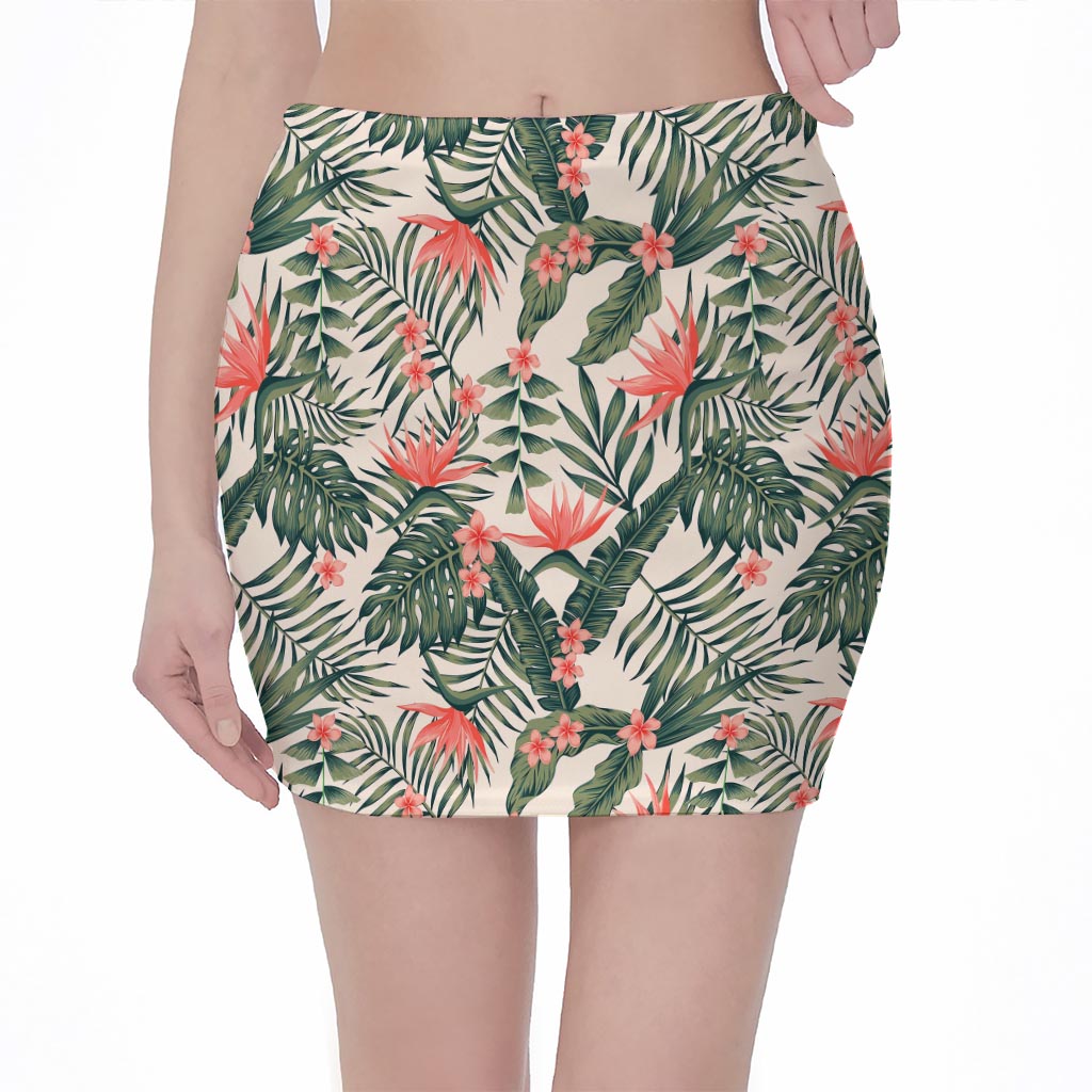 Blossom Tropical Leaves Pattern Print Pencil Mini Skirt