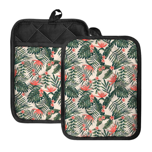 Blossom Tropical Leaves Pattern Print Pot Holders With Pocket
