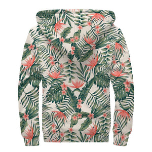 Blossom Tropical Leaves Pattern Print Sherpa Lined Zip Up Hoodie