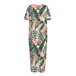 Blossom Tropical Leaves Pattern Print Short Sleeve Long Nightdress