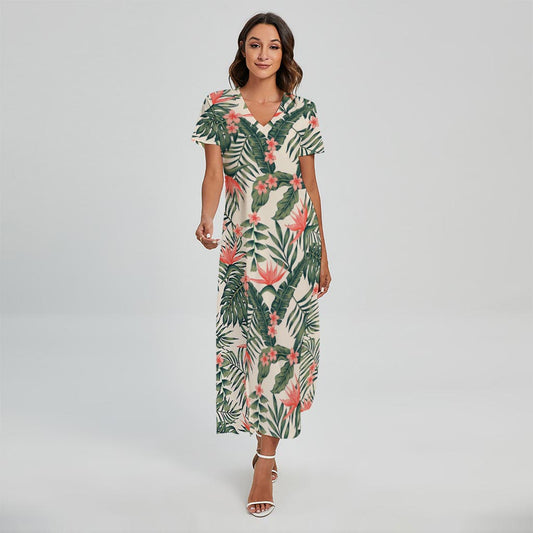 Blossom Tropical Leaves Pattern Print Short Sleeve Maxi Dress