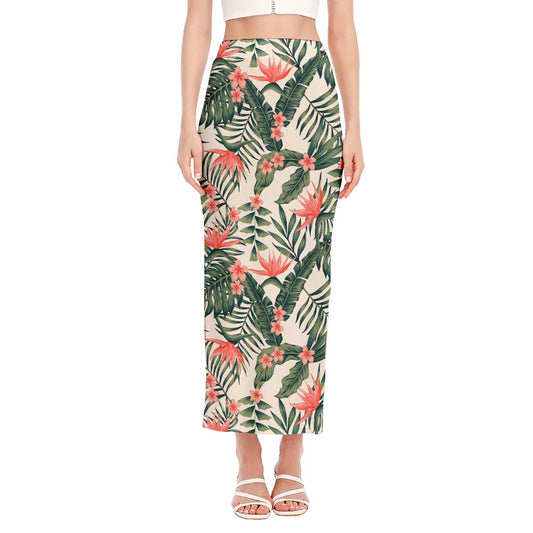 Blossom Tropical Leaves Pattern Print Side Slit Maxi Skirt