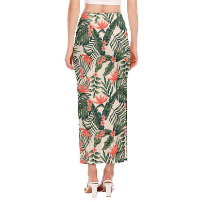 Blossom Tropical Leaves Pattern Print Side Slit Maxi Skirt