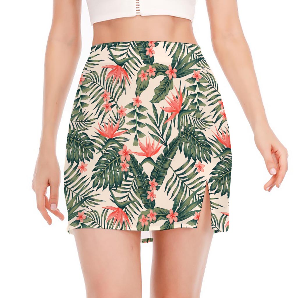 Blossom Tropical Leaves Pattern Print Side Slit Mini Skirt