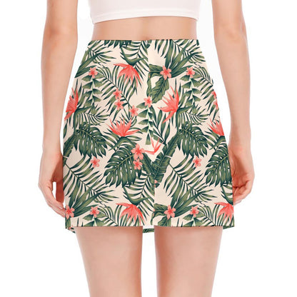 Blossom Tropical Leaves Pattern Print Side Slit Mini Skirt