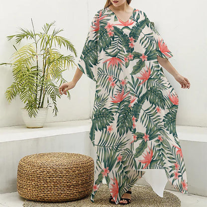 Blossom Tropical Leaves Pattern Print Silk V-Neck Kaftan Dress