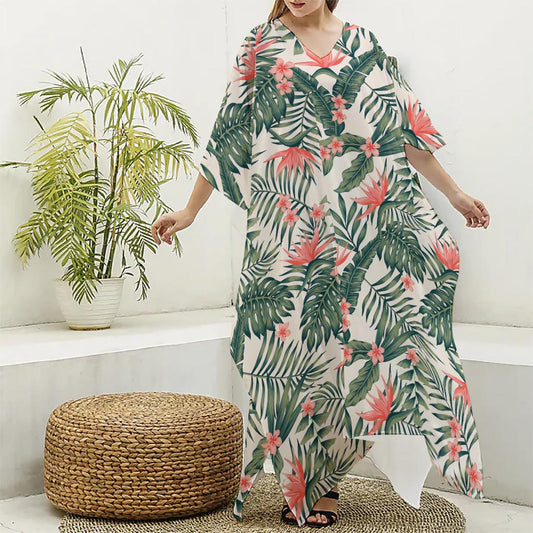 Blossom Tropical Leaves Pattern Print Silk V-Neck Kaftan Dress