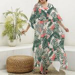 Blossom Tropical Leaves Pattern Print Silk V-Neck Kaftan Dress