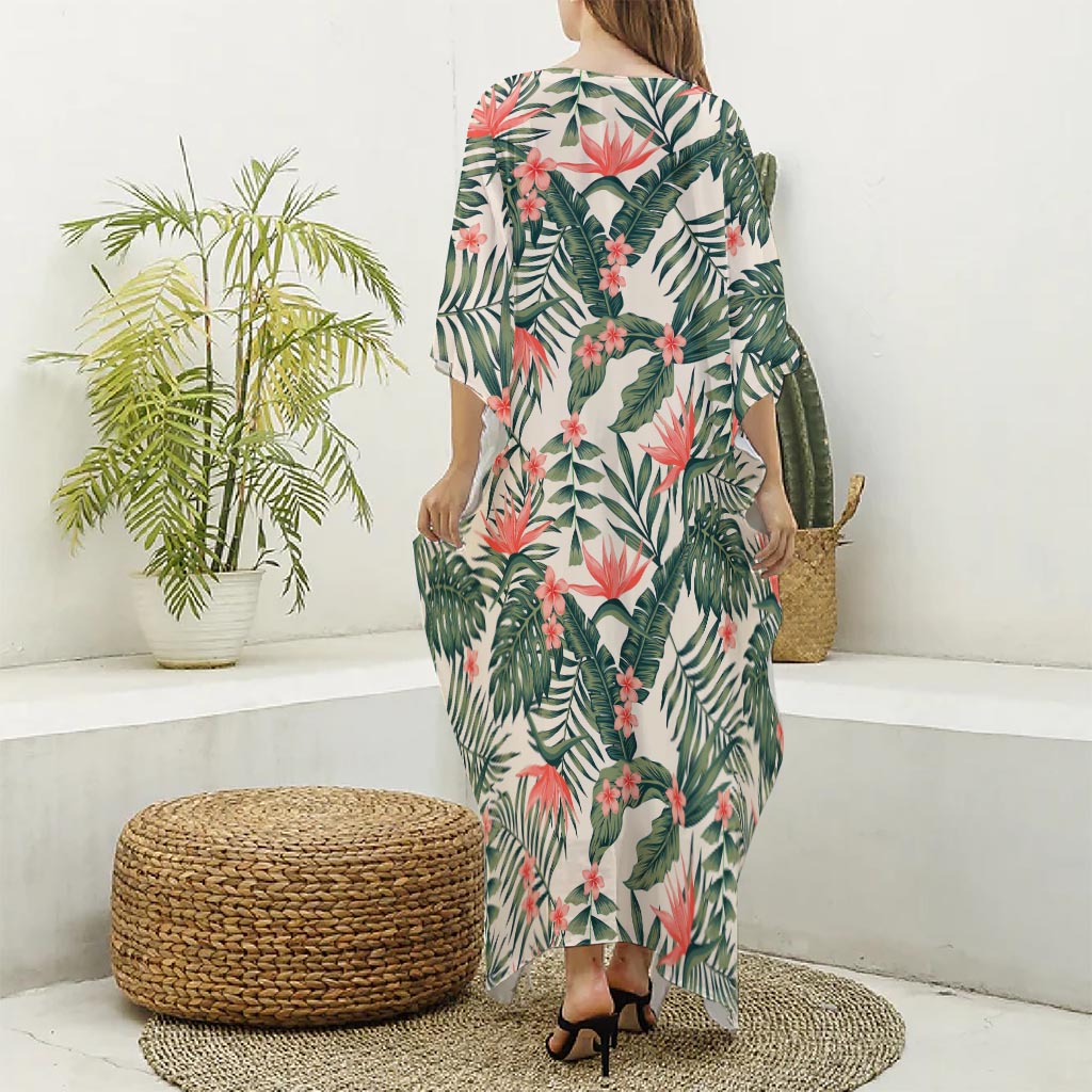 Blossom Tropical Leaves Pattern Print Silk V-Neck Kaftan Dress