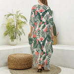 Blossom Tropical Leaves Pattern Print Silk V-Neck Kaftan Dress