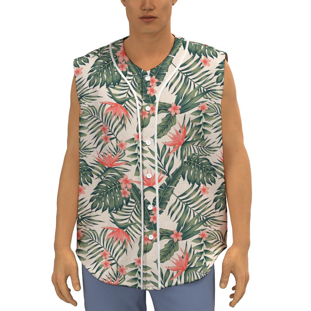 Blossom Tropical Leaves Pattern Print Sleeveless Baseball Jersey