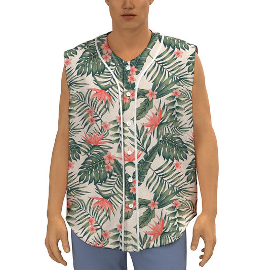 Blossom Tropical Leaves Pattern Print Sleeveless Baseball Jersey