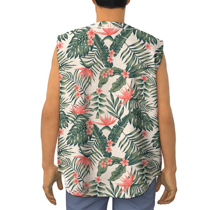Blossom Tropical Leaves Pattern Print Sleeveless Baseball Jersey