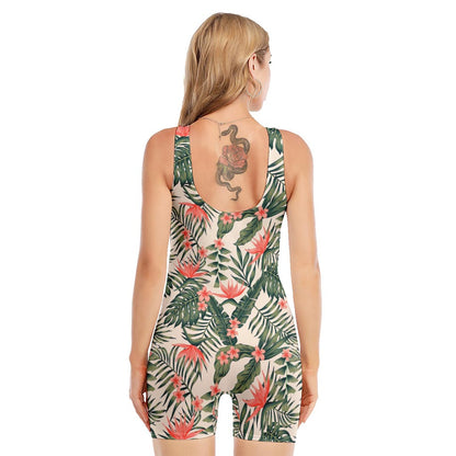 Blossom Tropical Leaves Pattern Print Sleeveless One Piece Swimsuit