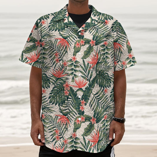 Blossom Tropical Leaves Pattern Print Textured Short Sleeve Shirt