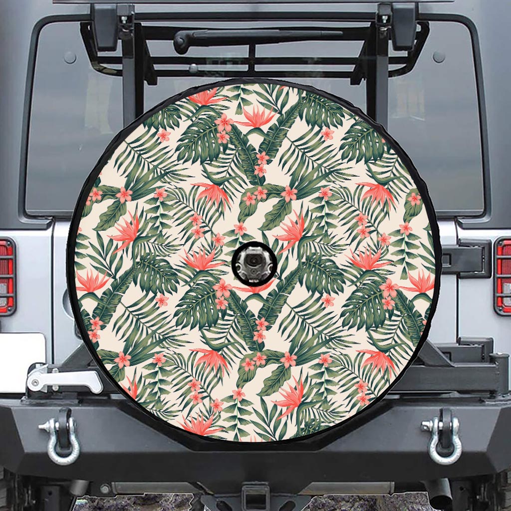 Blossom Tropical Leaves Pattern Print Tire Cover With Camera Hole