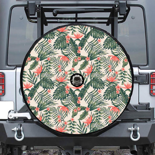Blossom Tropical Leaves Pattern Print Tire Cover With Camera Hole