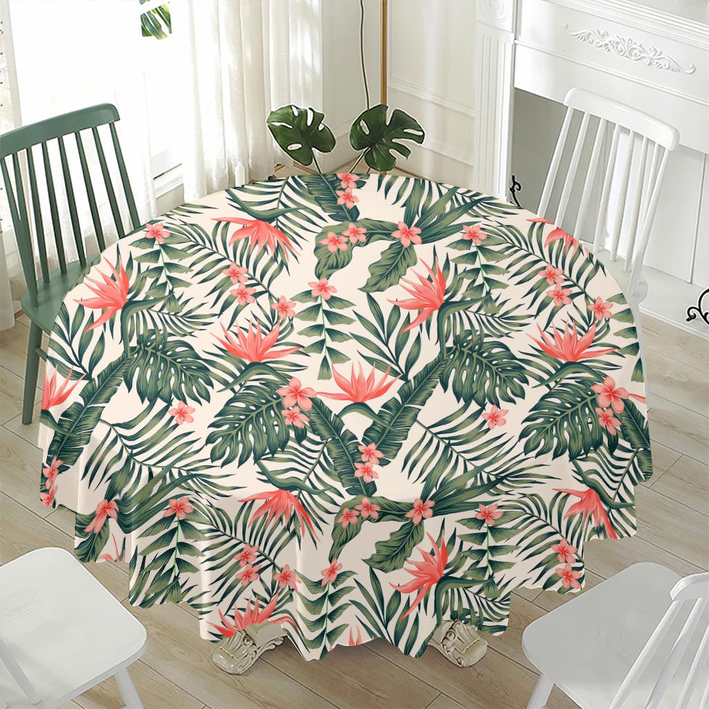 Blossom Tropical Leaves Pattern Print Waterproof Round Tablecloth