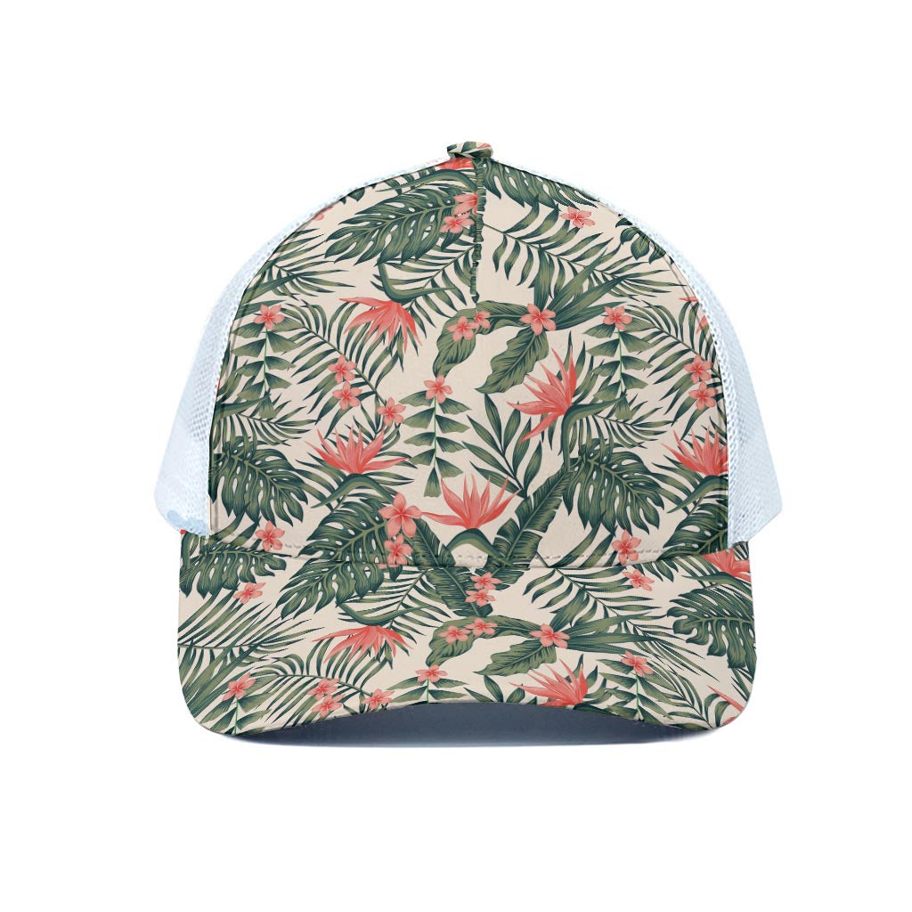Blossom Tropical Leaves Pattern Print White Mesh Trucker Cap