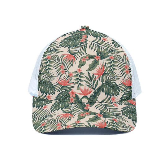 Blossom Tropical Leaves Pattern Print White Mesh Trucker Cap