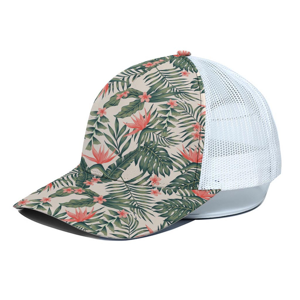 Blossom Tropical Leaves Pattern Print White Mesh Trucker Cap