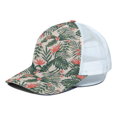 Blossom Tropical Leaves Pattern Print White Mesh Trucker Cap