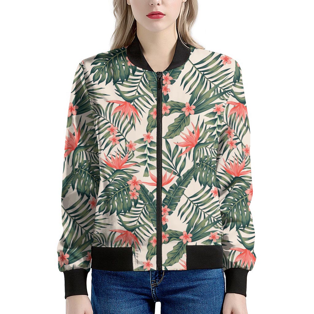 Blossom Tropical Leaves Pattern Print Women's Bomber Jacket