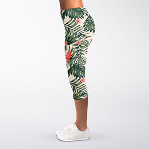 Blossom Tropical Leaves Pattern Print Women's Capri Leggings