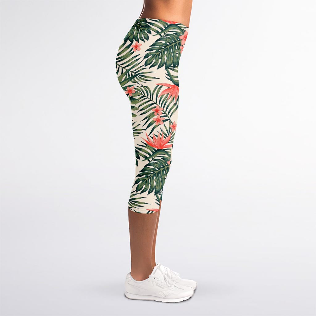 Blossom Tropical Leaves Pattern Print Women's Capri Leggings