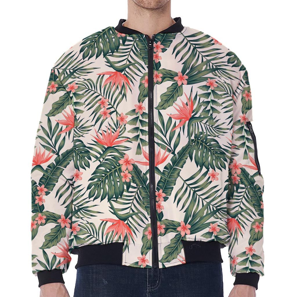 Blossom Tropical Leaves Pattern Print Zip Sleeve Bomber Jacket