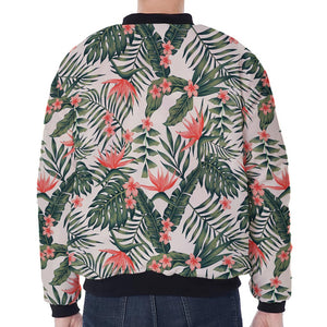 Blossom Tropical Leaves Pattern Print Zip Sleeve Bomber Jacket