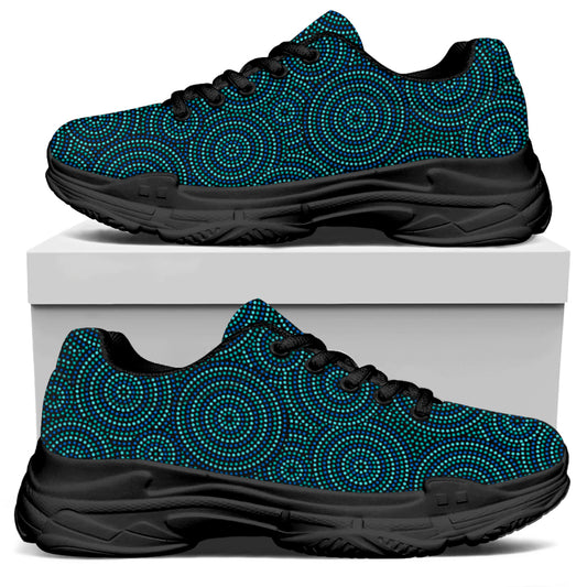 Blue Aboriginal Dot Pattern Print Black Chunky Shoes