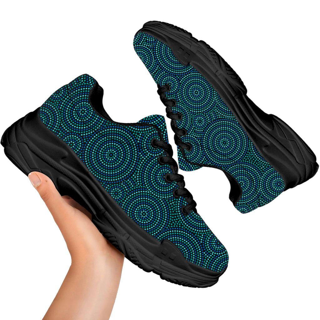 Blue Aboriginal Dot Pattern Print Black Chunky Shoes