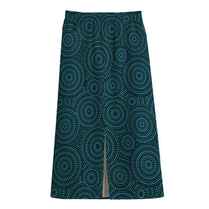 Blue Aboriginal Dot Pattern Print Cotton Front Slit Maxi Skirt