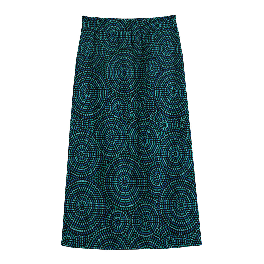 Blue Aboriginal Dot Pattern Print Cotton Front Slit Maxi Skirt