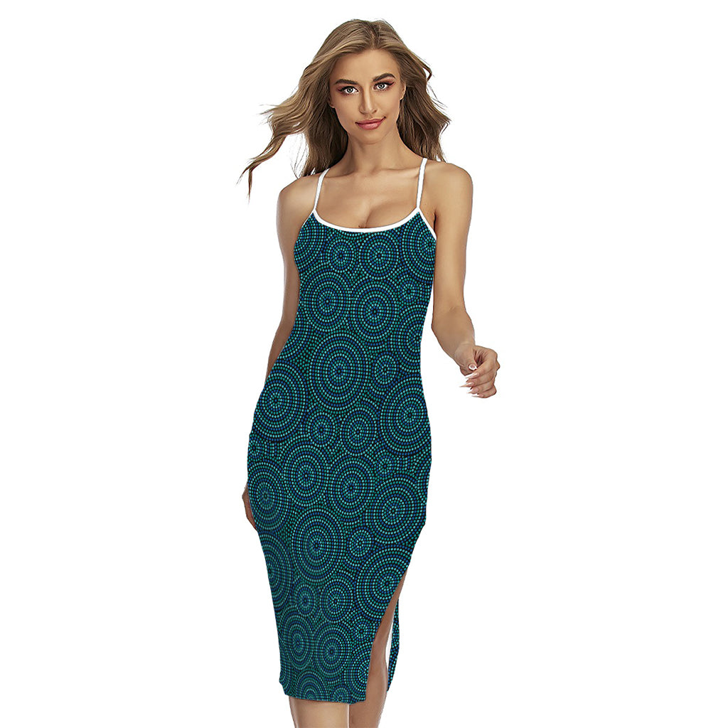 Blue Aboriginal Dot Pattern Print Cross Back Cami Dress