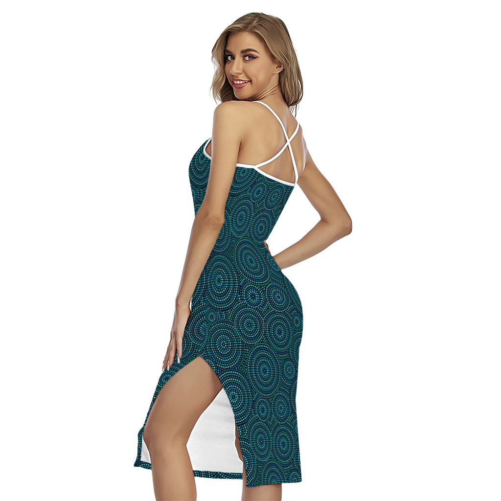 Blue Aboriginal Dot Pattern Print Cross Back Cami Dress