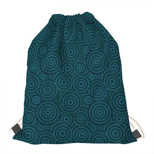 Blue Aboriginal Dot Pattern Print Drawstring Bag