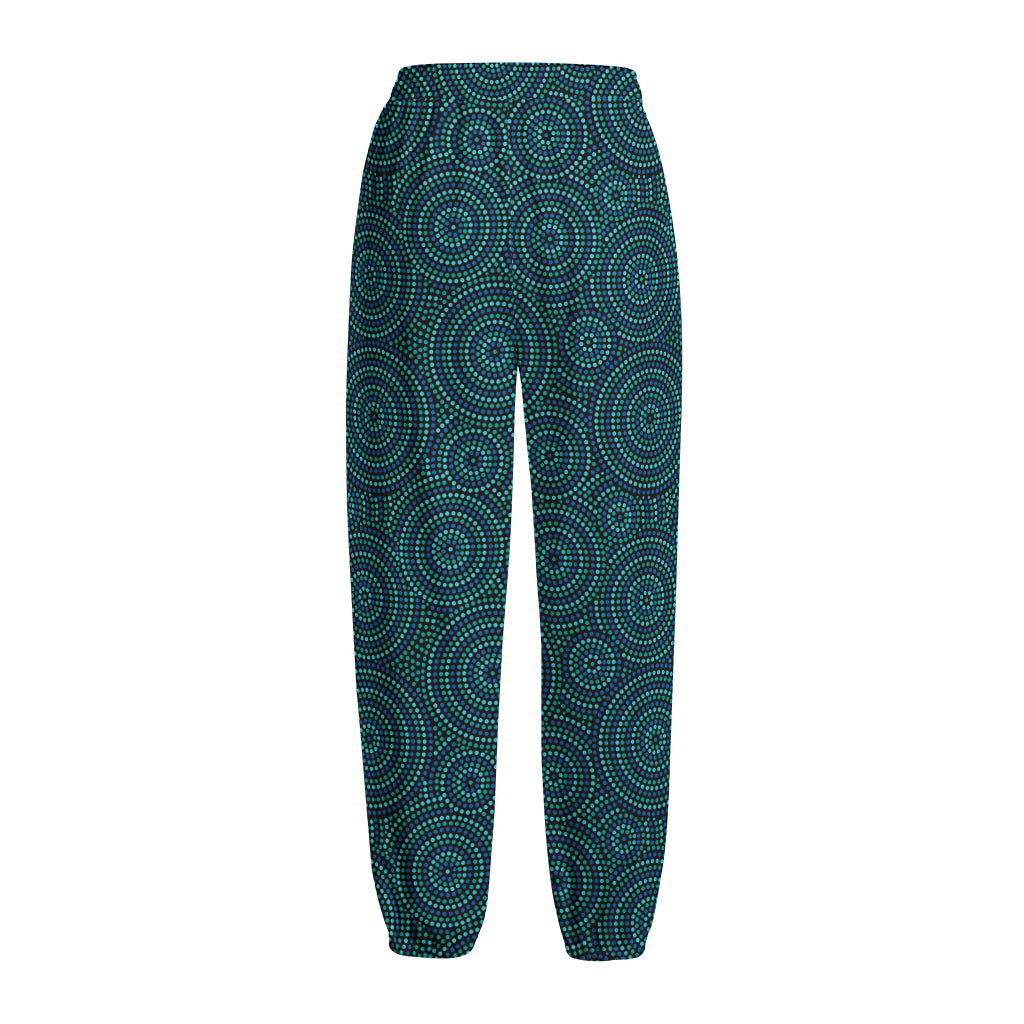 Blue Aboriginal Dot Pattern Print Fleece Lined Knit Pants