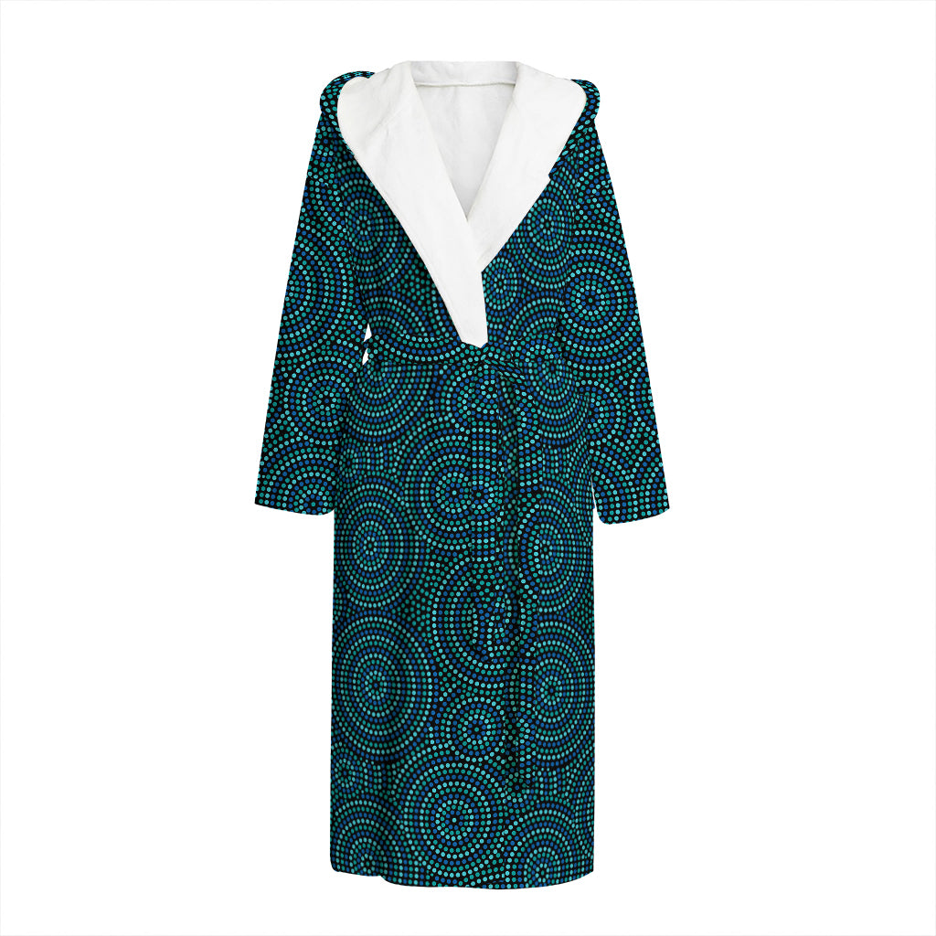 Blue Aboriginal Dot Pattern Print Hooded Bathrobe