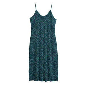 Blue Aboriginal Dot Pattern Print Jersey Midi Cami Dress