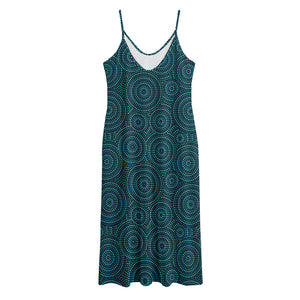 Blue Aboriginal Dot Pattern Print Jersey Midi Cami Dress